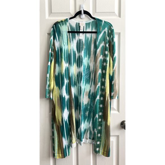 CHICO’S Green Abstract Open Front Cotton Blend Gauze Longline Cardigan - Picture 3 of 10